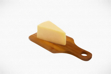 Cheese wedge on a small wooden cutting board. White background. Cracked fresco art.