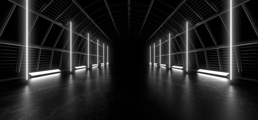 A dark tunnel of pipes illuminated by white neon lights and lamps. Blurred reflection on the floor. 3d rendering image.