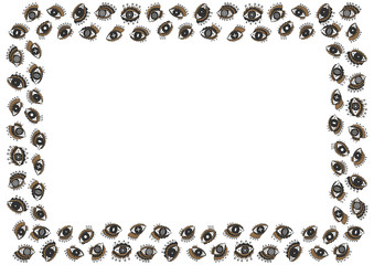 A rectangular frame of magical all-seeing eyes turned in different directions in black and brown colors on a white background. Hand drawing. Occult international paper format template. Vector.