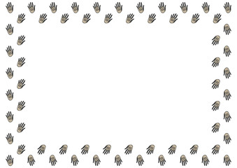 A4 rectangular frame made from vintage black and gold stylized hands with all-seeing eyes in the centers of the palms on a white background. Template of oriental mascots with place for text. Vector.