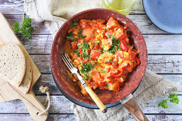 Menemen. Traditional Turkish Scrambled Eggs with Tomatoes and Peppers - 348014004