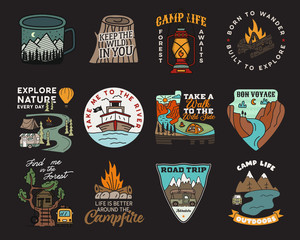 Vintage mountain camp badges logos set, Adventure patches. Hand drawn stickers designs bundle. Travel expedition, backpacking labels. Outdoor hiking emblems. Logotypes collection. Stock vector. - obrazy, fototapety, plakaty