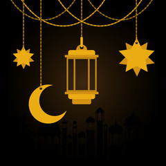 Eid mubarak gold hanger lantern moon and stars vector design