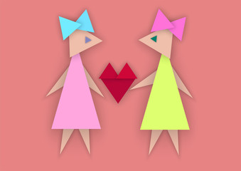 Two girls with a red heart in the middle, lgbt love concept in abstract style of paper cut from triangles