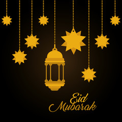 Eid mubarak gold hanger lantern and stars vector design