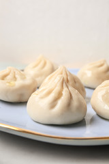 Fototapeta na wymiar Plate with tasty dumplings, closeup