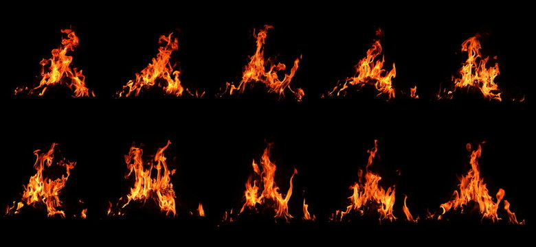 The set of 10 thermal energy flames image set on a black background. Yellow red heat energy