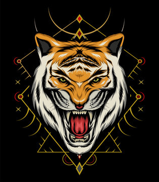 logo tiger. The Tiger head illustration with ornament background.