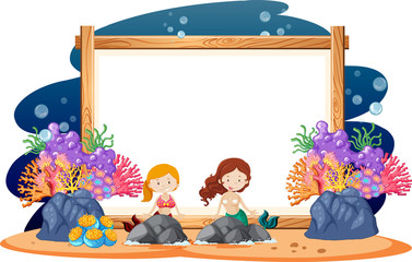 Border template design with mermaids swimming under the sea