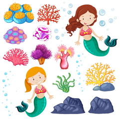 Obraz na płótnie Canvas Set of cute mermaid and sea theme