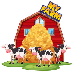 Font design for word my farm with cows at the barn