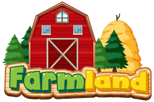 Farmland sign with red barn and haystack