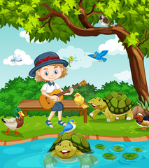 Scene with cute girl playing guitar in the park with many animals