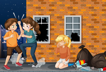 Scene with people fighting on the street at night
