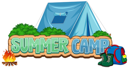 Font design for word summer camp with blue tent in background