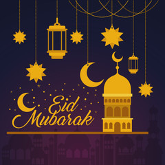 Eid mubarak temple lanterns stars and moon hanging vector design