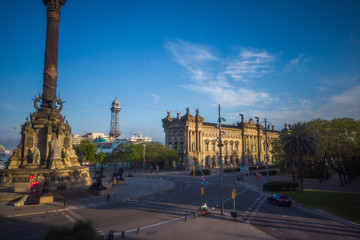 Fototapeta premium Barcelona. Aerial view in Drassanes Avenue with Colon statue from the Ramblas street