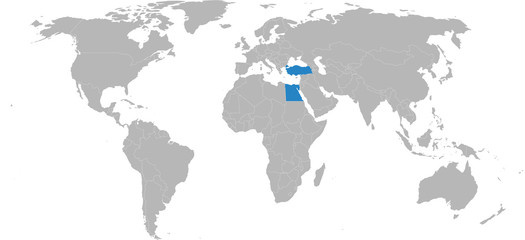 Fototapeta premium Turcja, Egipt na mapie świata. Jasnoszare tło. Koncepcje biznesowe, stosunki dyplomatyczne, handlowe i transportowe.