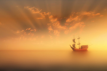 Naklejka na ściany i meble Old ship at sunset with orange colors