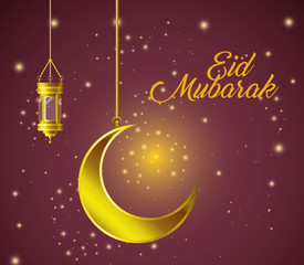 Obraz na płótnie Canvas Eid mubarak gold moon and lantern and stars vector design