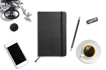 illustration of leather sketchbook with blank cover and workplace objects on isolated on white.