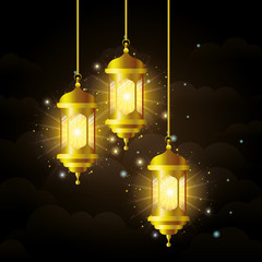 Eid mubarak gold lanterns with stars shining vector design