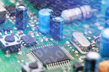 Futuristic electronic circuit board with binary code. Network and big data concept, elements of...