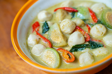 fish ball in green curry spicy soup