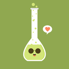 kawaii and cute character volumetric flask chemical flat design vector illustration. Science experiment, research laboratory elements flat style., Chemistry, biology, physics, pharmaceutics, medical