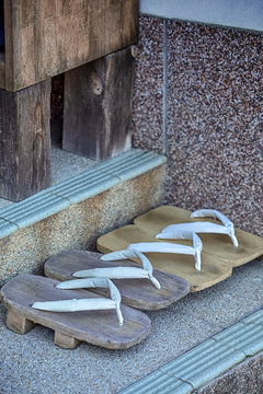 Japanese Culture. Two pairs of Traditional Japanese Sabot Sandals Near The Shrine Entrance on Mount Koyasan