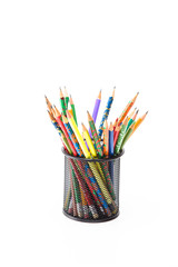 Arts and Craft Ideas. Variety of Colored Wooden Pencils Placed Together in Metal Round Holder. Isolated Over White.