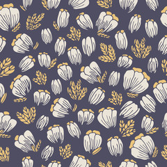 Seamless pattern with hand drawn flowers on a dark background. Doodle, simple outline illustration. It can be used for decoration of textile, paper and other surfaces.