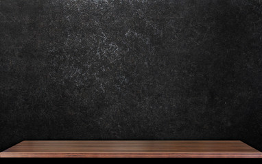 Wooden shelf table floor and wall Dark grey black natural stone slate background or texture, shelf display products.