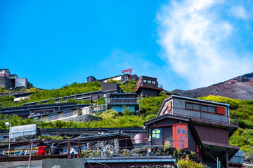 富士山登山道吉田ルート七合目にある山小屋群と鳥居荘の赤い鳥居