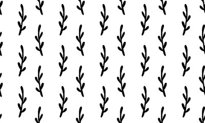 Seamless pattern with hand drawn plant branches. Fabric or textile print template. Floral design element. Spring and summer symbol. Contour otline drawing of simple black twig