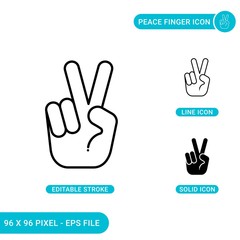 Peace finger icons set vector illustration with solid icon line style. Human hand concept. Editable stroke icon on isolated background for web design, infographic and UI mobile app.