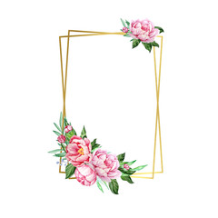 golden geometric frame with watercolor peonies