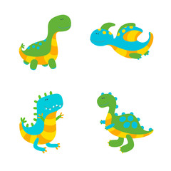 Set of four colorful dinosaurs on white background. Vector illustration in cute flat style