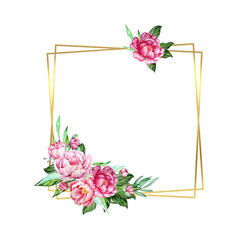 golden geometric frame with watercolor peonies