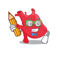 A brainy student heart cartoon character with pencil and glasses