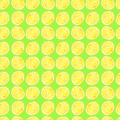 Seamless pattern of yellow lemon sliced. Watercolor paint on bright green background.