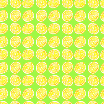 Seamless pattern of yellow lemon sliced. Watercolor paint on bright green background.