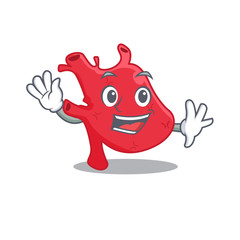 A charismatic heart mascot design style smiling and waving hand