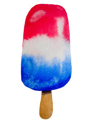 Red, white and blue Popsicle, ice cream lolly. Watercolor illustration isolated on white background for festival menu, restaurant.