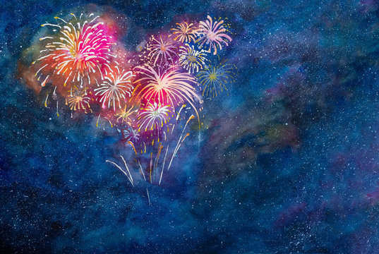 Colorful night sky, bright color fireworks in heart shape for Festival occasion, Valentine's day, Chinese New Year, New Year, 4th of July, Diwali, Labor day, Pride night. Watercolor illustration.