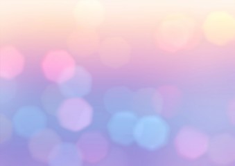 Bokeh abstract pattern on lilac pink yellow blue gradient blurred background. Fairy tale sky  defocus illustration. 