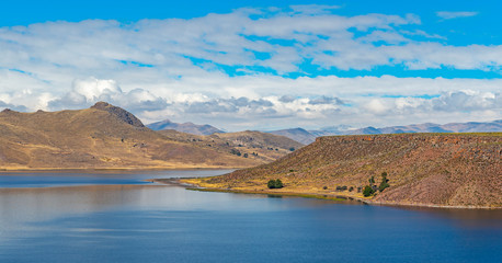 Panorama of the high altitude Umayo lake near Sillustani, Titicaca Lake region, Peru.