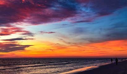 sunset over the sea, sky, red, sky, colorful, clouds, ocean, cloudscape, beautiful, orange