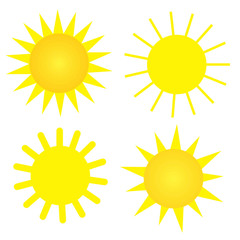 Set of sun vector icons. Graphic illustration of sunrises in cartoon style. Four types of bright yellow sun on a white background. Stock Photo.