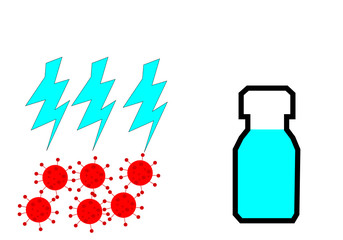 blue water in little bottle with three Lightning on many red virus isolate on white background . Blue liquid kills germs and viruses.
